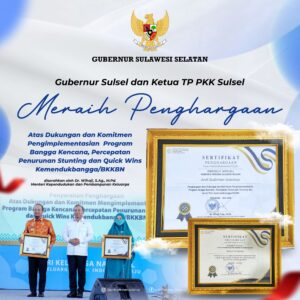 Berhasil Turunkan Angka Stunting, Pemprov Sulsel Raih Penghargaan Quick Wins dari Kemendukbangga/BKKBN